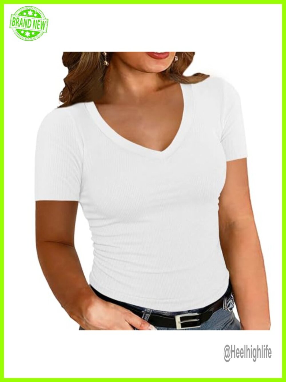 Womens Plus Size Ribbed Knit V Neck Short Sleeve Fitted Basic Tee Casual Top